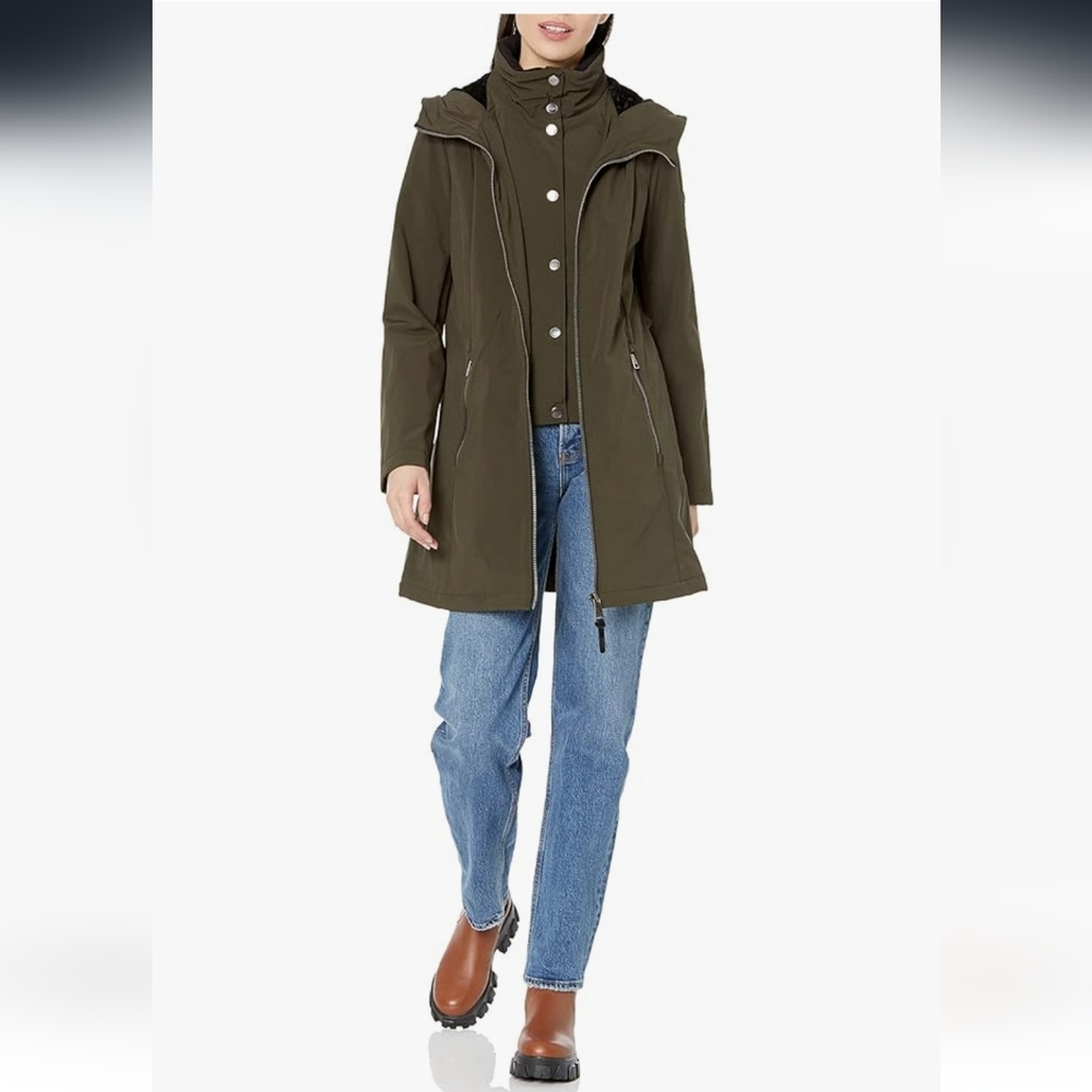 DKNY Women Olive Outerwear Softshell Hooded Long Jacket Velboa Lined Size Small
